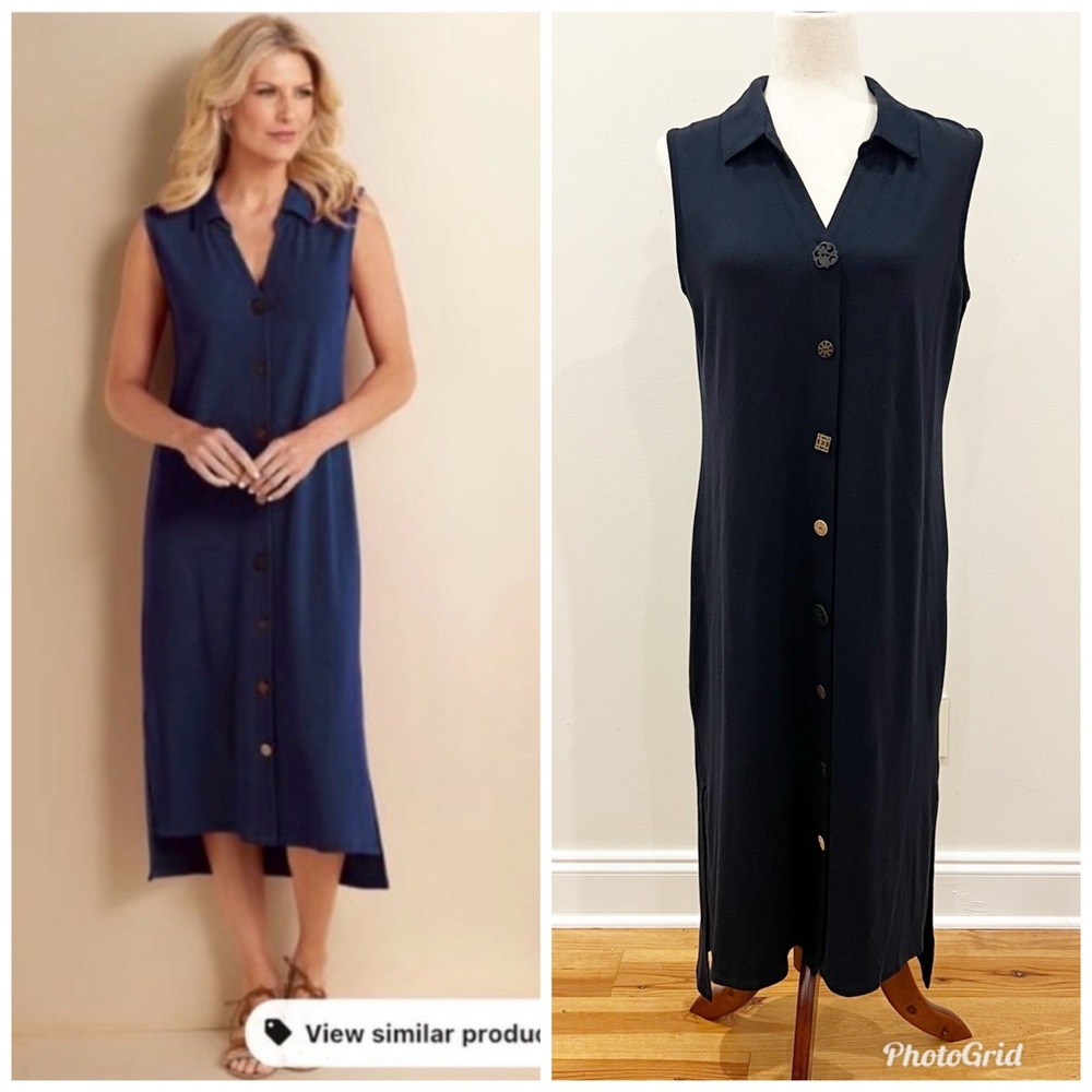 Soft Surroundings Alvarado Midi Shirt Dress Womens Medium Blue Button Up Shift